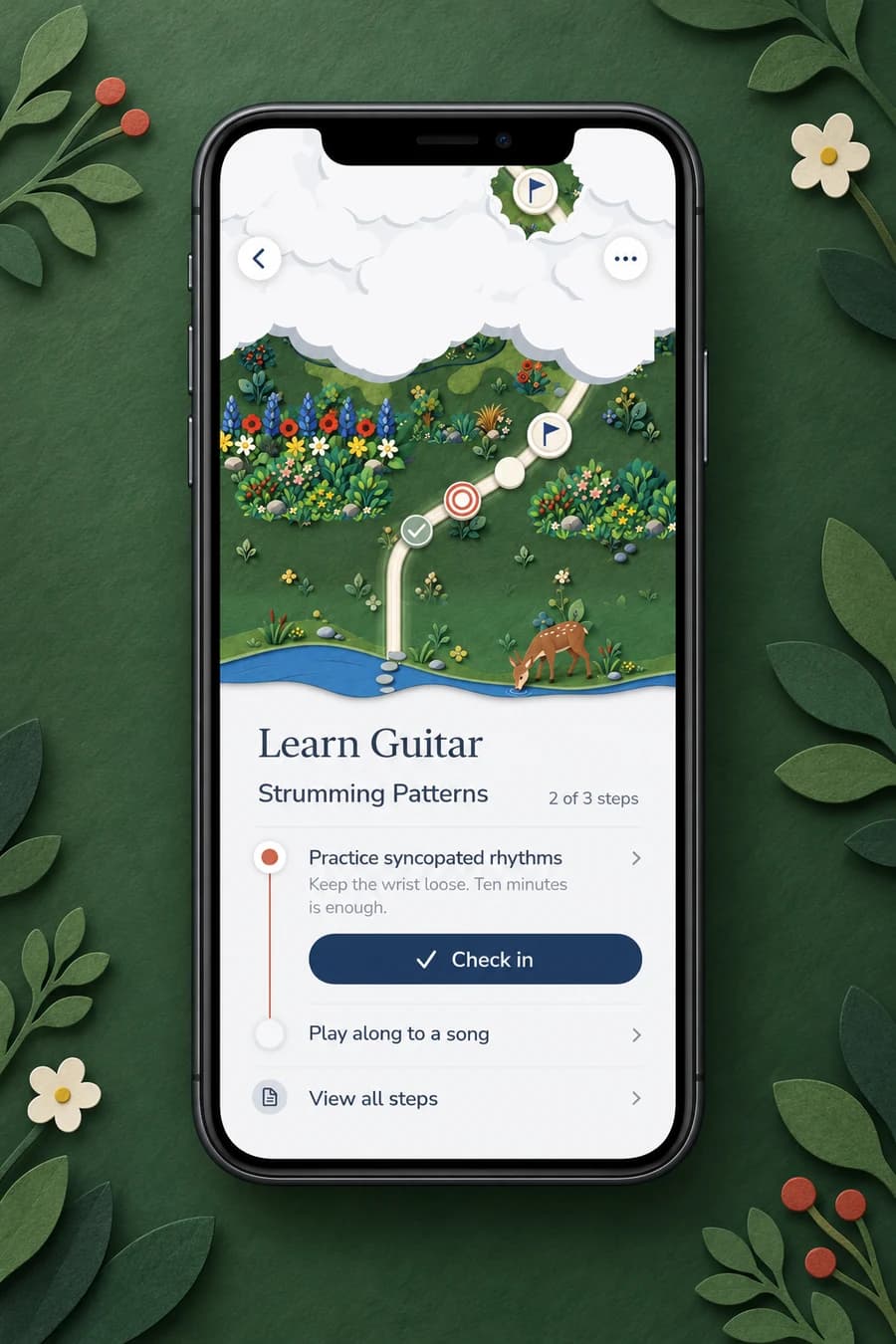 Illustratives Mockup: Gentle Journey mit Papierwald, Lernpfad und Check-in auf einem iPhone